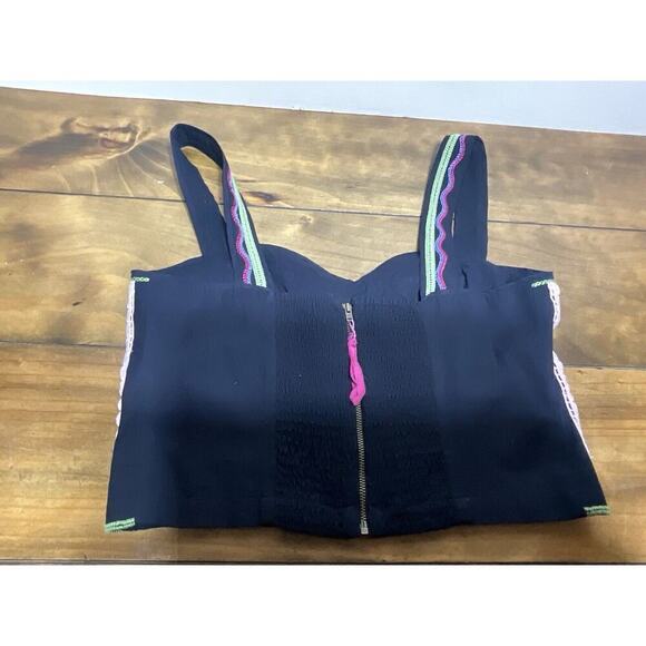 Anthropologie Embroidered Linen Blend Crop Top Women's sz 10 Black/Multi-color - Picture 5 of 8